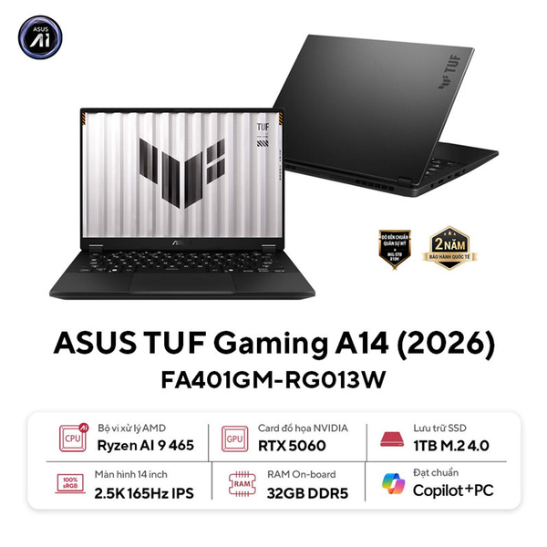  Laptop Gaming ASUS TUF Gaming A14 FA401GM-RG013W | Ryzen AI 9 465, 32GB DDR5X, 1TB NVMe, RTX 5060 8GB, 14" WQXGA 165Hz, Xám 