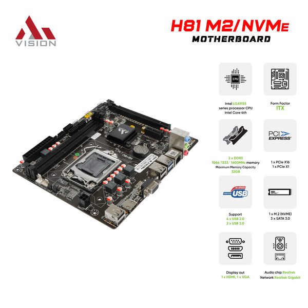  Mainboard (Intel) AiVision H81 M.2/NVMe (SN H81M2001121Z122501246) | LGA 1155, ITX, 2 khe DDR3 