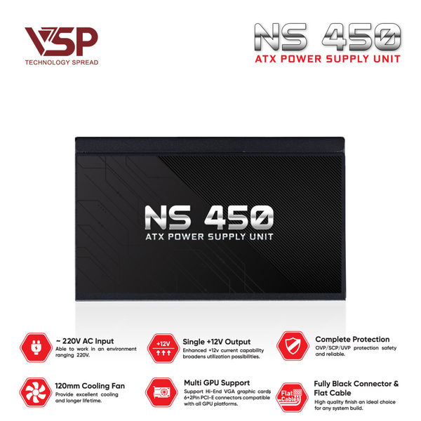  Nguồn máy tính VSP NS450 450W Đen | ATX, Cáp dẹt 