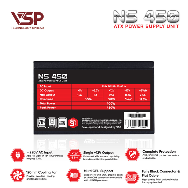  Nguồn máy tính VSP NS450 450W Đen | ATX, Cáp dẹt 