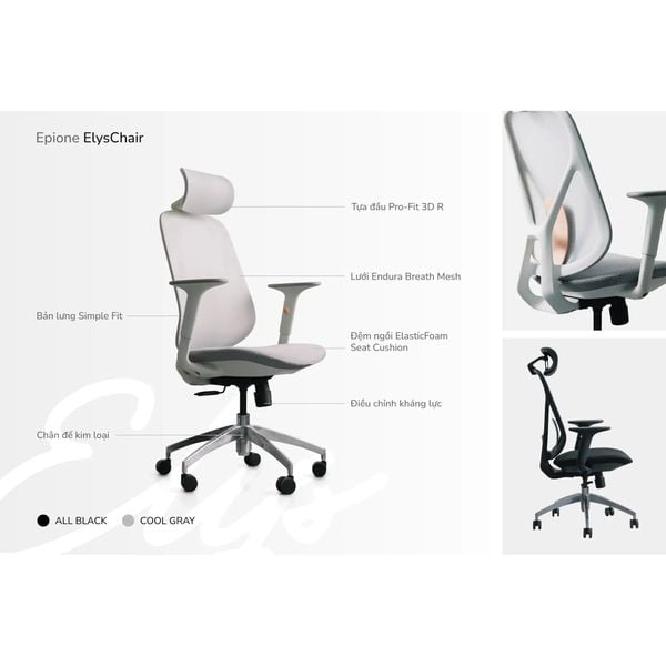  Ghế công thái học Epione ElysChair Cool Gray | Lưng lưới, Kèm tựa đầu, Xám 