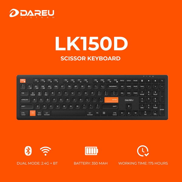  Bàn Phím Không Dây Dare-U LK150D Black Orange (Dual Mode, Scissor Switch) 