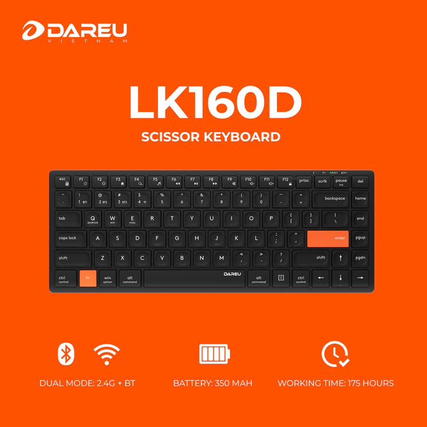  Bàn Phím Không Dây Dare-U LK160D Black Orange (Dual Mode, Scissor Switch) 