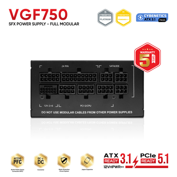  Nguồn máy tính SFX VSP VGF750 | Full Modular, Cybenetics Platinum, 750W, Đen 