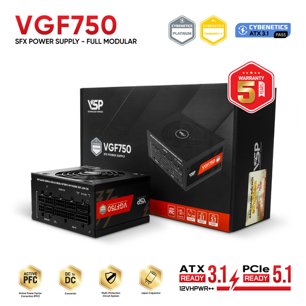  Nguồn máy tính SFX VSP VGF750 | Full Modular, Cybenetics Platinum, 750W, Đen 