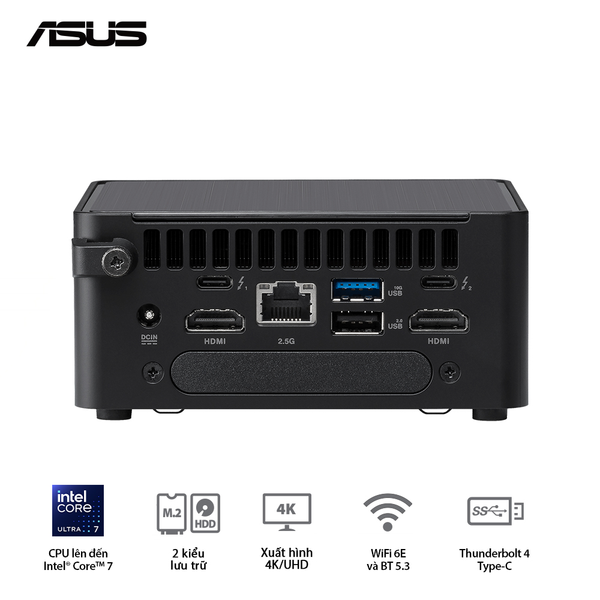  Máy bộ mini PC ASUS NUC 14 Pro Tall NUC14RVH (RNUC14RVHI300000I) | Intel Core 3 100U, 2x Slot DDR5-5600, M.2 PCIe Gen4 NVMe, WiFi 6E, Bluetooth, Đen 