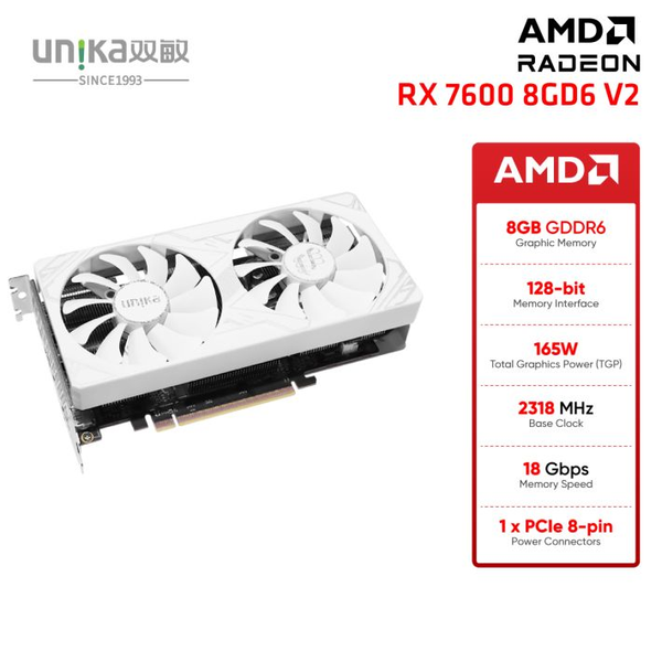  Card màn hình (AMD) UNIKA Blizzards White RX 7600 8GD6 V2 | 8GB GDDR6, 128-bit, 3 Fan, Trắng 