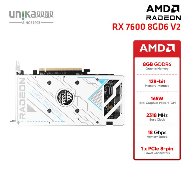  Card màn hình (AMD) UNIKA Blizzards White RX 7600 8GD6 V2 | 8GB GDDR6, 128-bit, 3 Fan, Trắng 