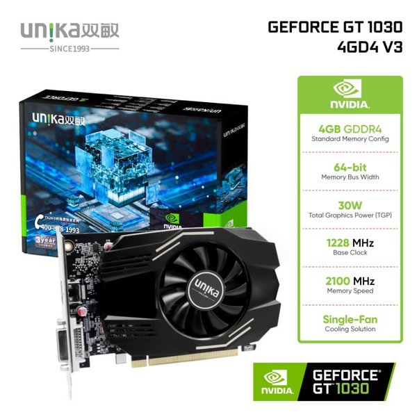  Card màn hình NVIDIA GeForce GT 1030 UNIKA 4GD4 V3 | 4GB DDR4, 64-bit, 1 Fan 