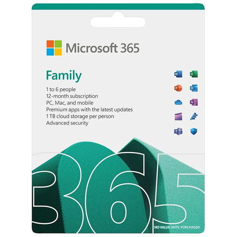 Phần mềm Microsoft 365 Family EP2-36878 | 12 tháng, Dành cho tối đa 6 người, 5 thiết bị/tài khoản, Word, Excel, PowerPoint, 1TB OneDrive