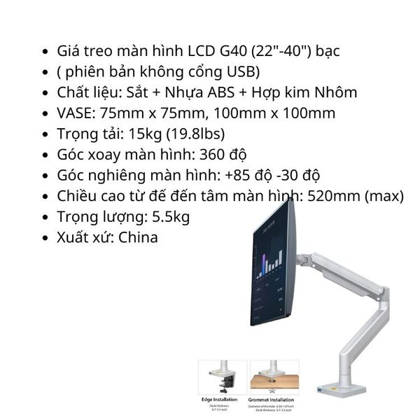  Giá treo màn hình North Bayou | 22-40 inch, Màu bạc, Không cổng USB 