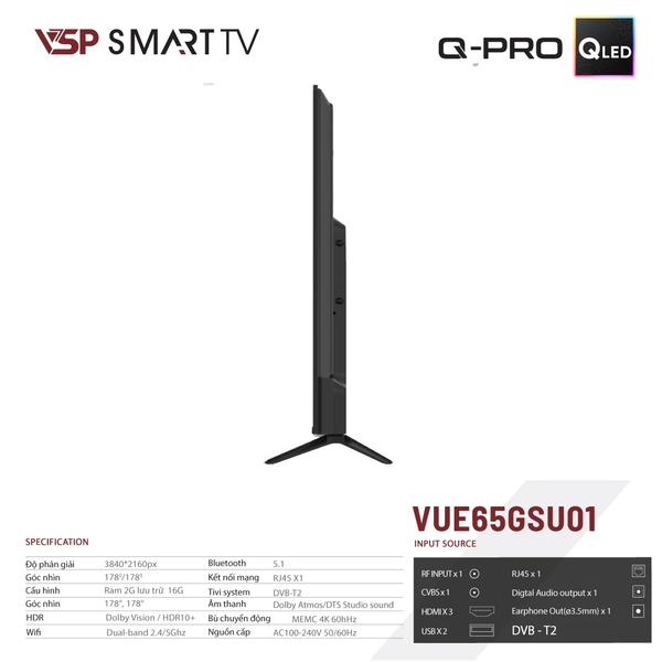  Smart Tivi VSP Q-PRO VUE65GSU01 | Google TV 65" 4K QLED, HDR10, Dolby, Loa Kép, Digital, Remote, Wifi, BT, HDMI, USB, RJ45 