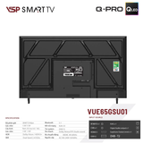  Smart Tivi VSP Q-PRO VUE65GSU01 | Google TV 65" 4K QLED, HDR10, Dolby, Loa Kép, Digital, Remote, Wifi, BT, HDMI, USB, RJ45 