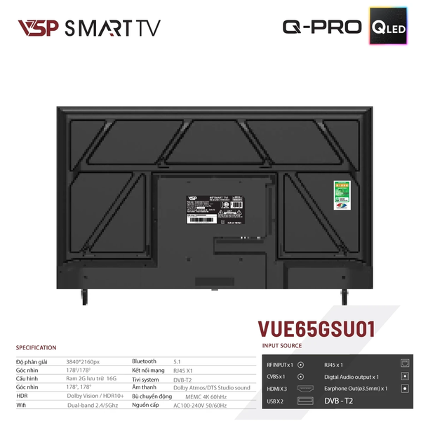  Smart Tivi VSP Q-PRO VUE65GSU01 | Google TV 65" 4K QLED, HDR10, Dolby, Loa Kép, Digital, Remote, Wifi, BT, HDMI, USB, RJ45 