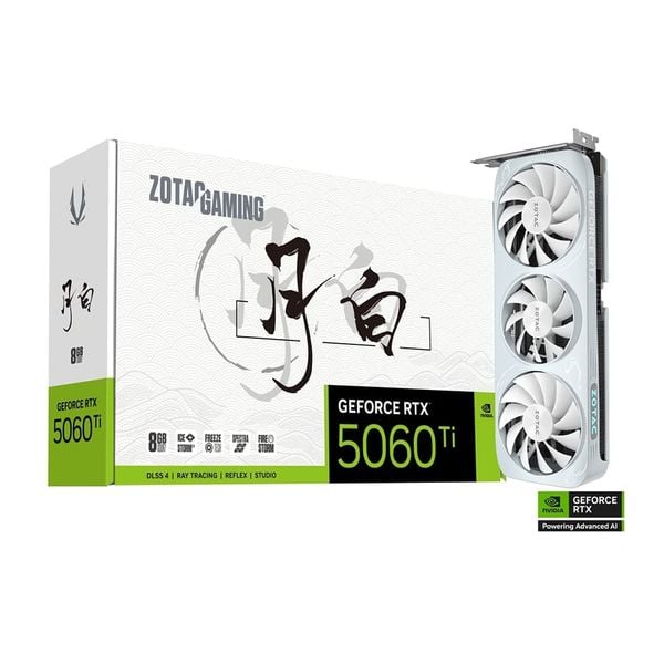  Card màn hình ZOTAC GAMING GeForce RTX 5060 Ti 8GB GDDR7 MOON WHITE OC (ZT-B50610C-10M) | 4608 CUDA, 2602MHz, IceStorm 2.0 