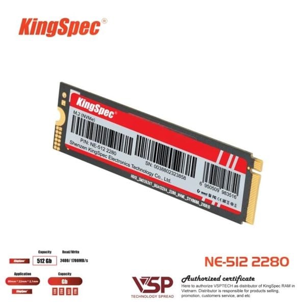  Ổ cứng SSD KingSpec NE 512GB | PCIe Gen3 x4 NVMe, M.2 2280 (NE-512) 