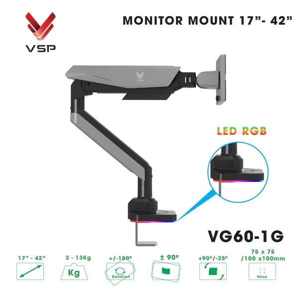  Giá treo màn hình VSP VG60-1 - Đen xám | 17 - 42 inch, chân đế RGB, nút chỉnh LED, cổng USB 3.0 & Type C 
