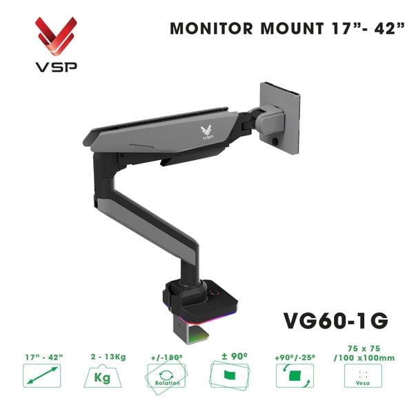  Giá treo màn hình VSP VG60-1 - Đen xám | 17 - 42 inch, chân đế RGB, nút chỉnh LED, cổng USB 3.0 & Type C 