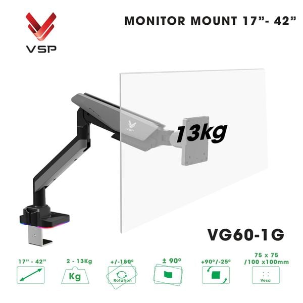  Giá treo màn hình VSP VG60-1 - Đen xám | 17 - 42 inch, chân đế RGB, nút chỉnh LED, cổng USB 3.0 & Type C 