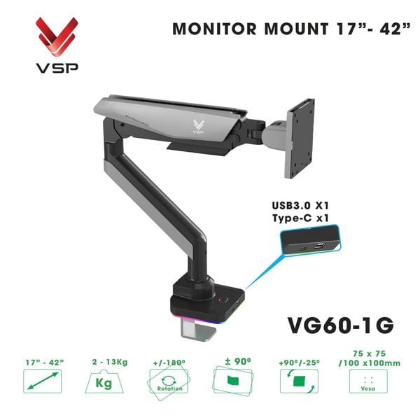  Giá treo màn hình VSP VG60-1 - Đen xám | 17 - 42 inch, chân đế RGB, nút chỉnh LED, cổng USB 3.0 & Type C 