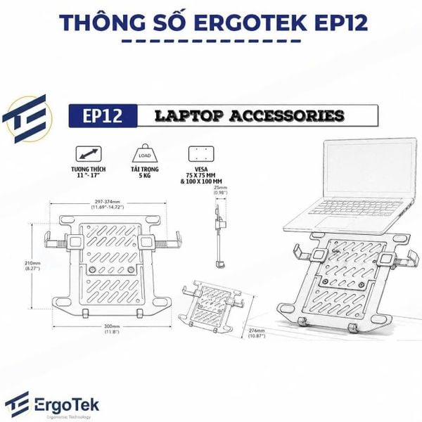  Giá Treo/Kẹp Laptop Ergotek EP12 | 11"-17", Đen 