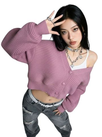  KHOÁC CROP LEN DỆT NGANG, HỒNG TÍM 