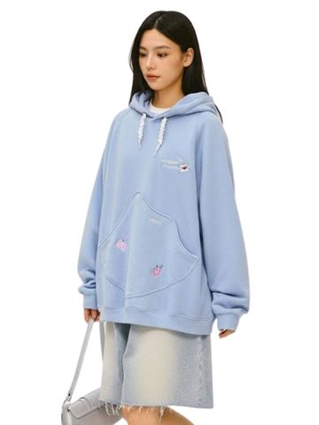  KHOÁC HOODIE NỈ, OVERSIZE, TÚI KIỂU, THÊU CUTE, XANH 