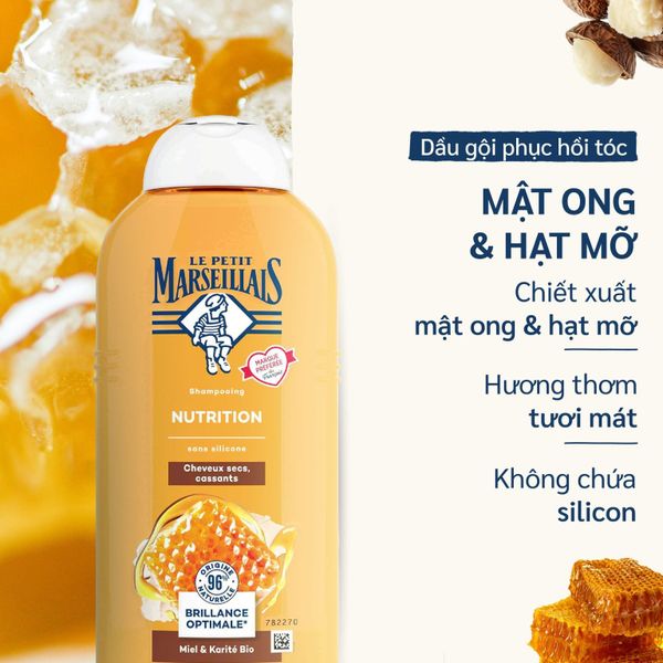 Dầu Gội Phục Hồi Tóc Khô & Hư Tổn 96% Hữu Cơ Le Petit Marseillais Chiết Xuất Mật Ong & Hạt Mỡ 300ml