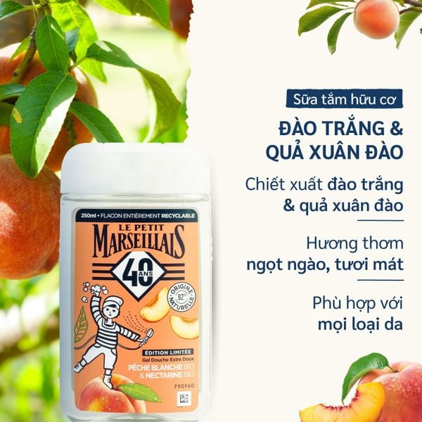 Sữa tắm 92% hữu cơ Le Petit Marseillais chiết xuất đào trắng & quả xuân đào chai 250 ml