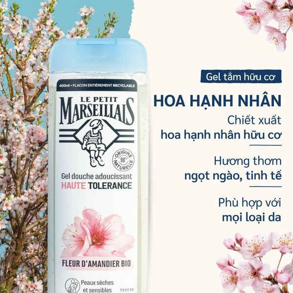 Gel Tắm 98% Hữu Cơ Le Petit Marseillais Hoa Hạnh Nhân Hữu Cơ 400ml