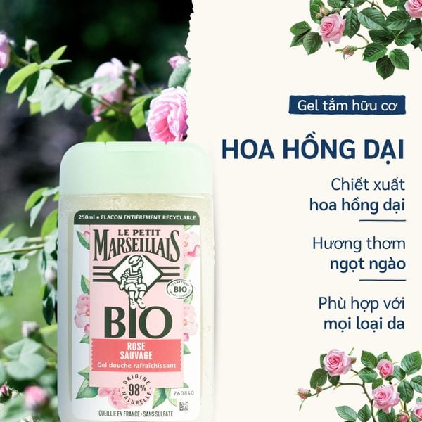 Sữa tắm 98% hữu cơ Le Petit Marseillais hương hoa hồng dại chai 250 ml