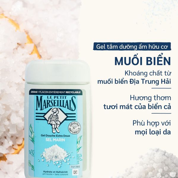 Gel Tắm 92% Hữu Cơ Le Petit Marseillais Chiết Xuất Muối Biển 250ml