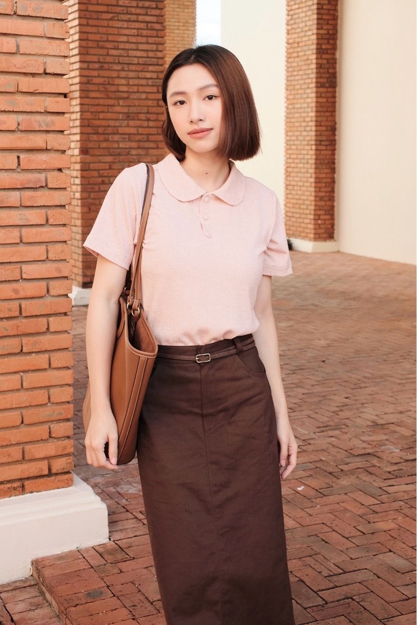  Slit Khaki Skirt - Brown 