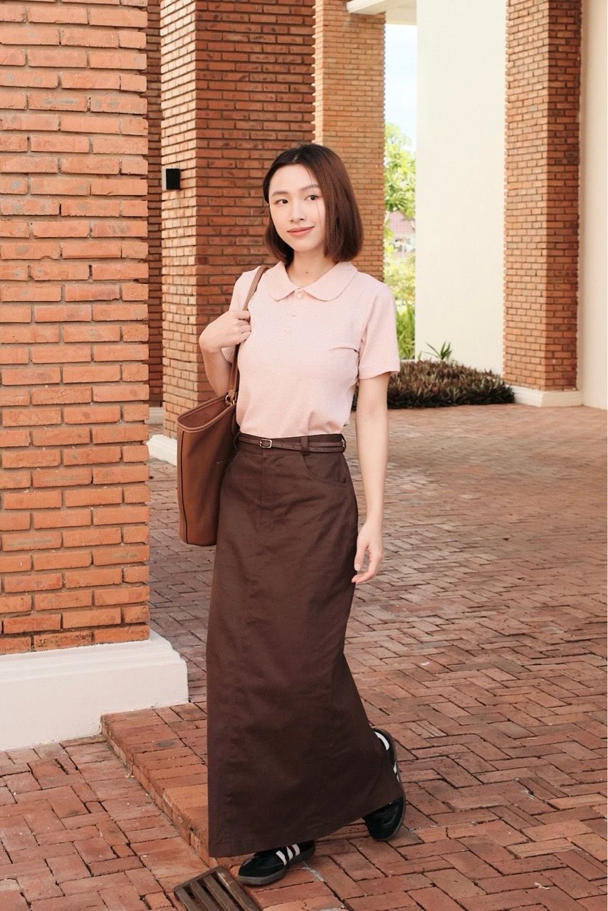  Slit Khaki Skirt - Brown 