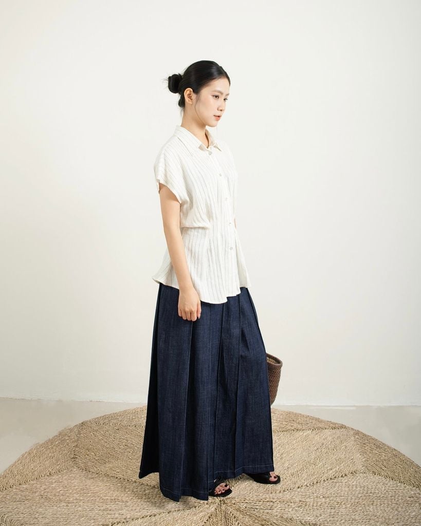 Pleated Denim Skirt - Xanh