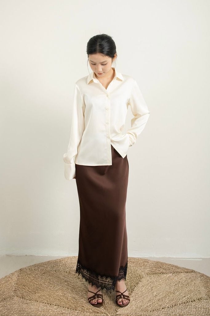 Lace Silk Skirt - Nâu