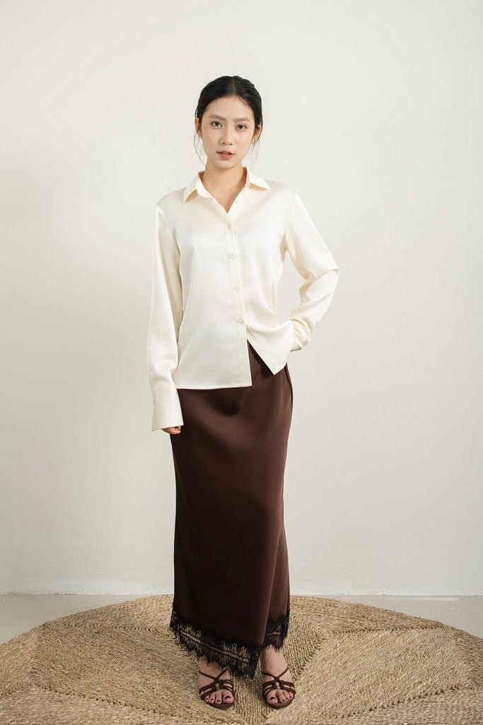 Lace Silk Skirt - Nâu