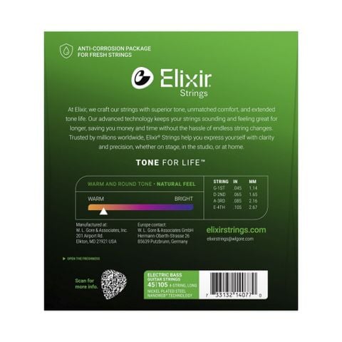  Dây Đàn Guitar Bass Elixir Nanoweb 4 Dây (45-105) Thép Mạ Niken 