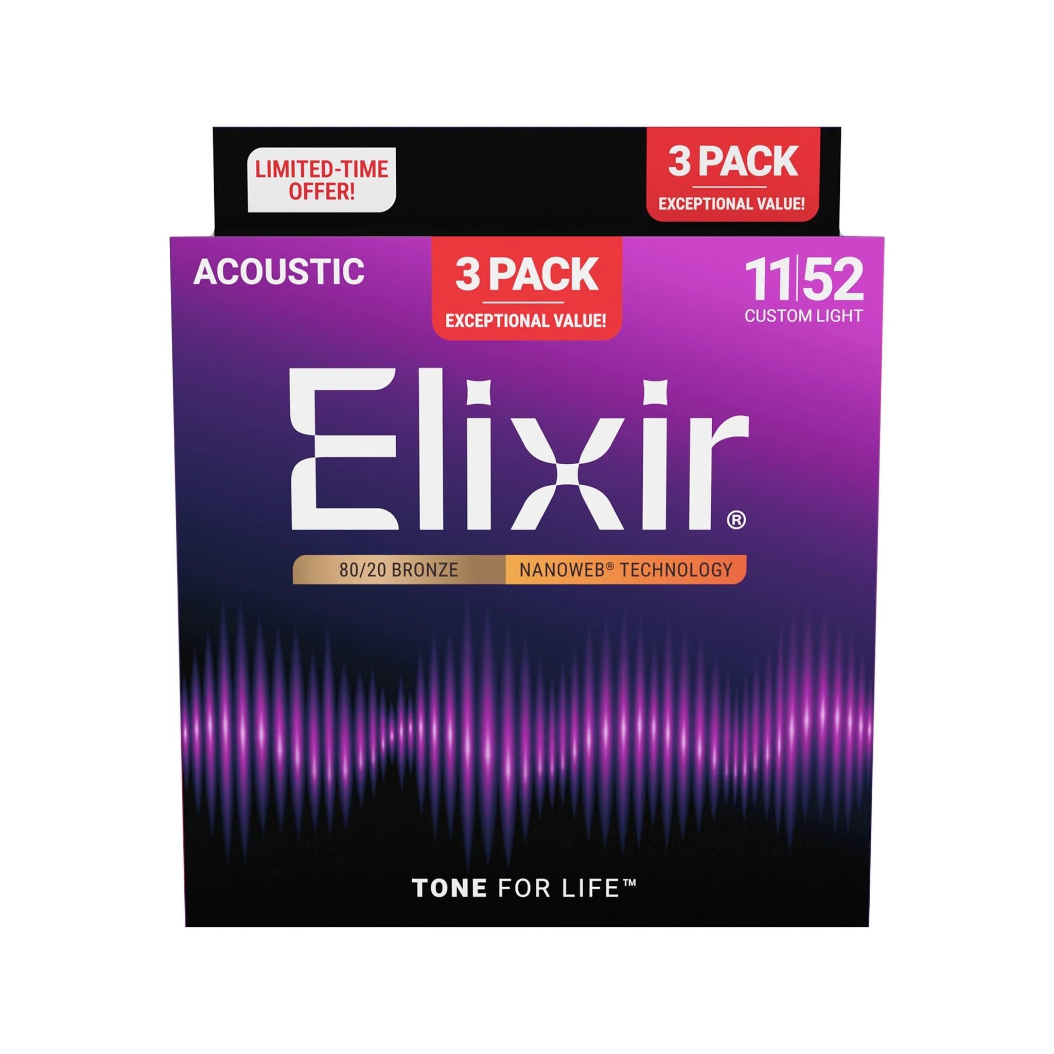  ELIXIR 3313216568 BỘ 3 DÂY ĐÀN ACOUSTIC PACK 3 80/20 BRONZE 11-52 