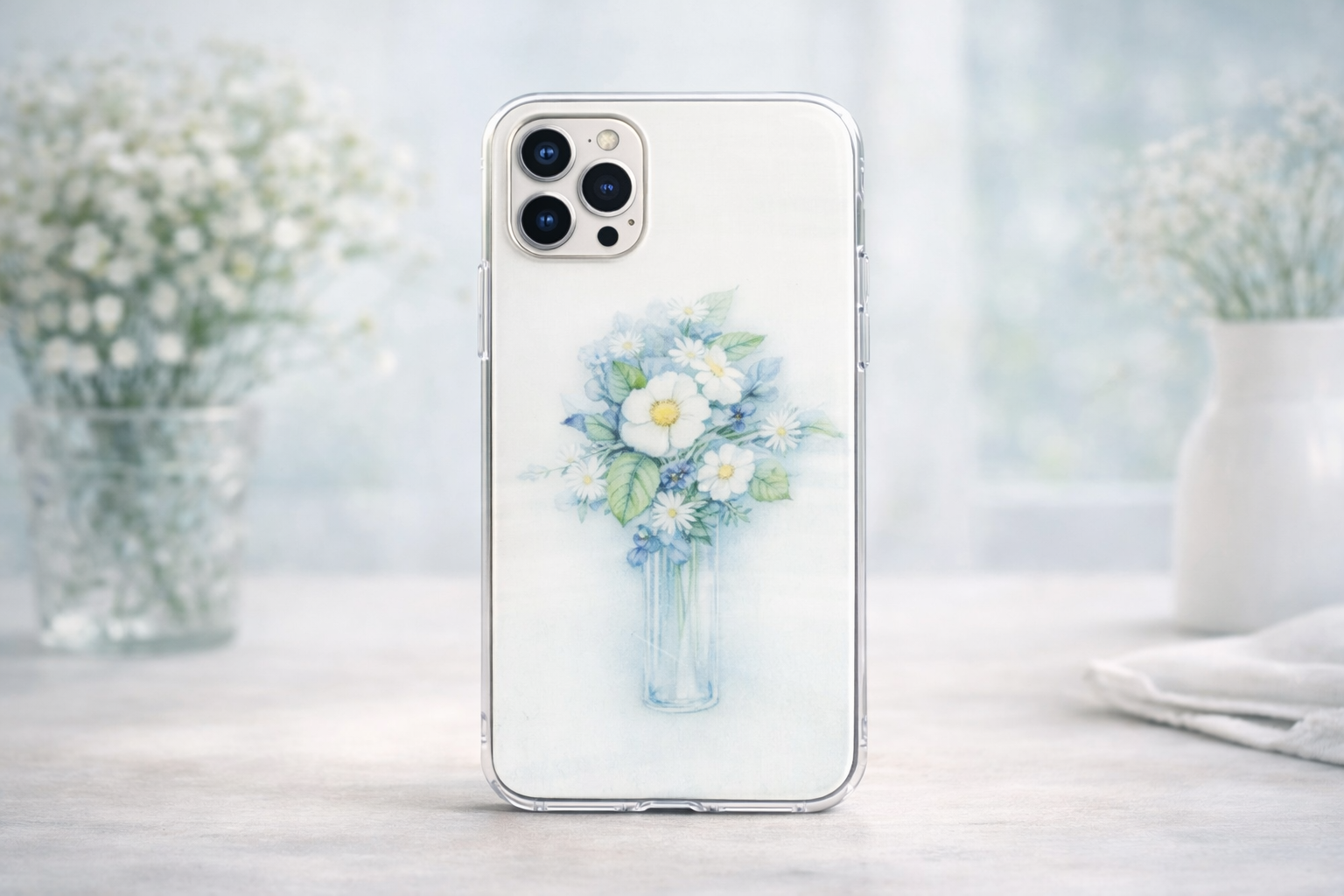  Ốp lưng iPhone hoa trắng xanh bình thủy tinh Clear Case 