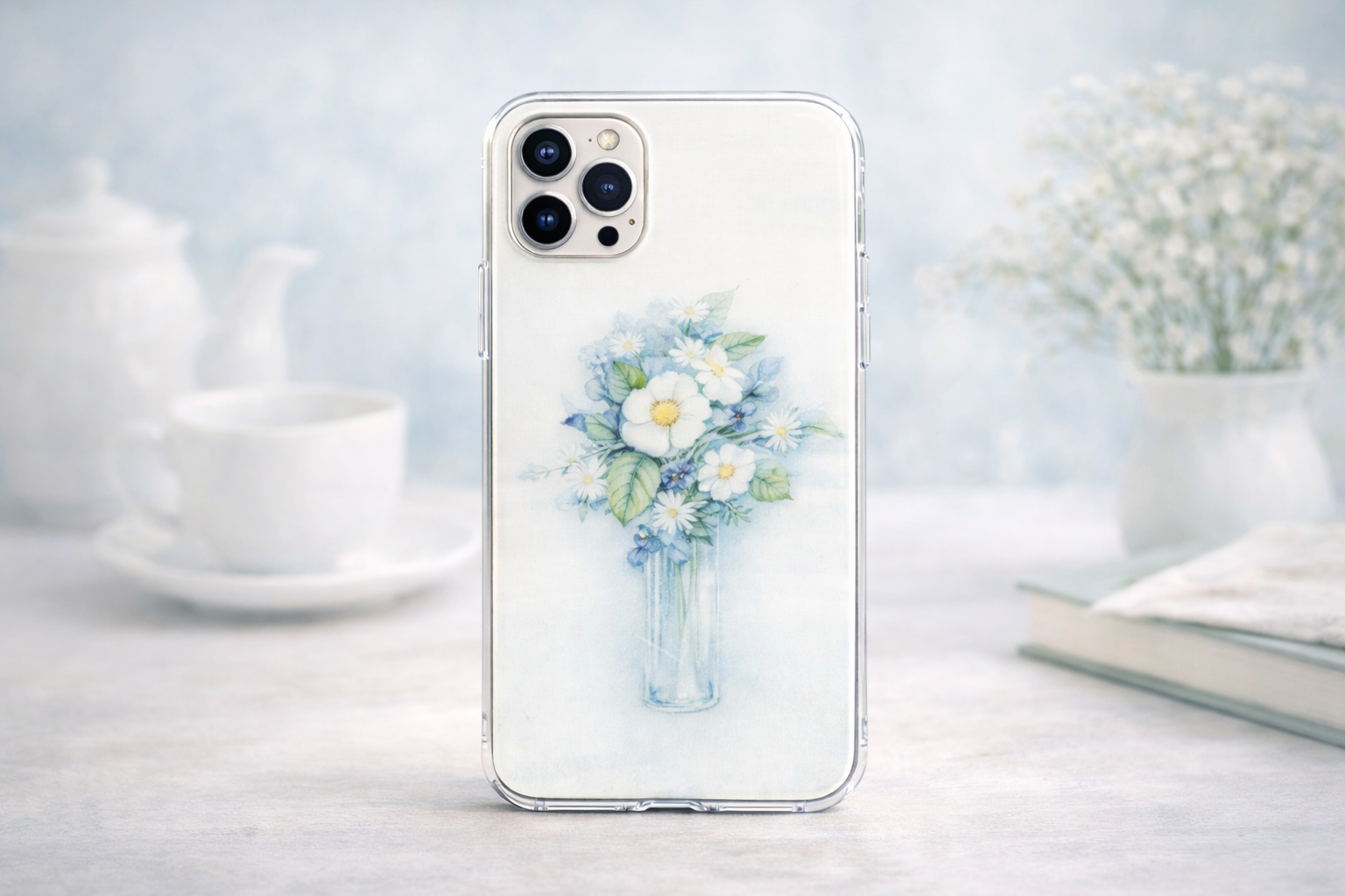  Ốp lưng iPhone hoa trắng xanh bình thủy tinh Clear Case 