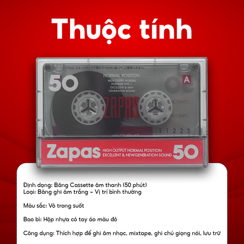 Băng Cassette Trắng Zapas, Vỏ Đỏ Hộp 30 Băng Cassette, Băng Nhạc 50 Phút, Copy Nhạc Theo Yêu Cầu 