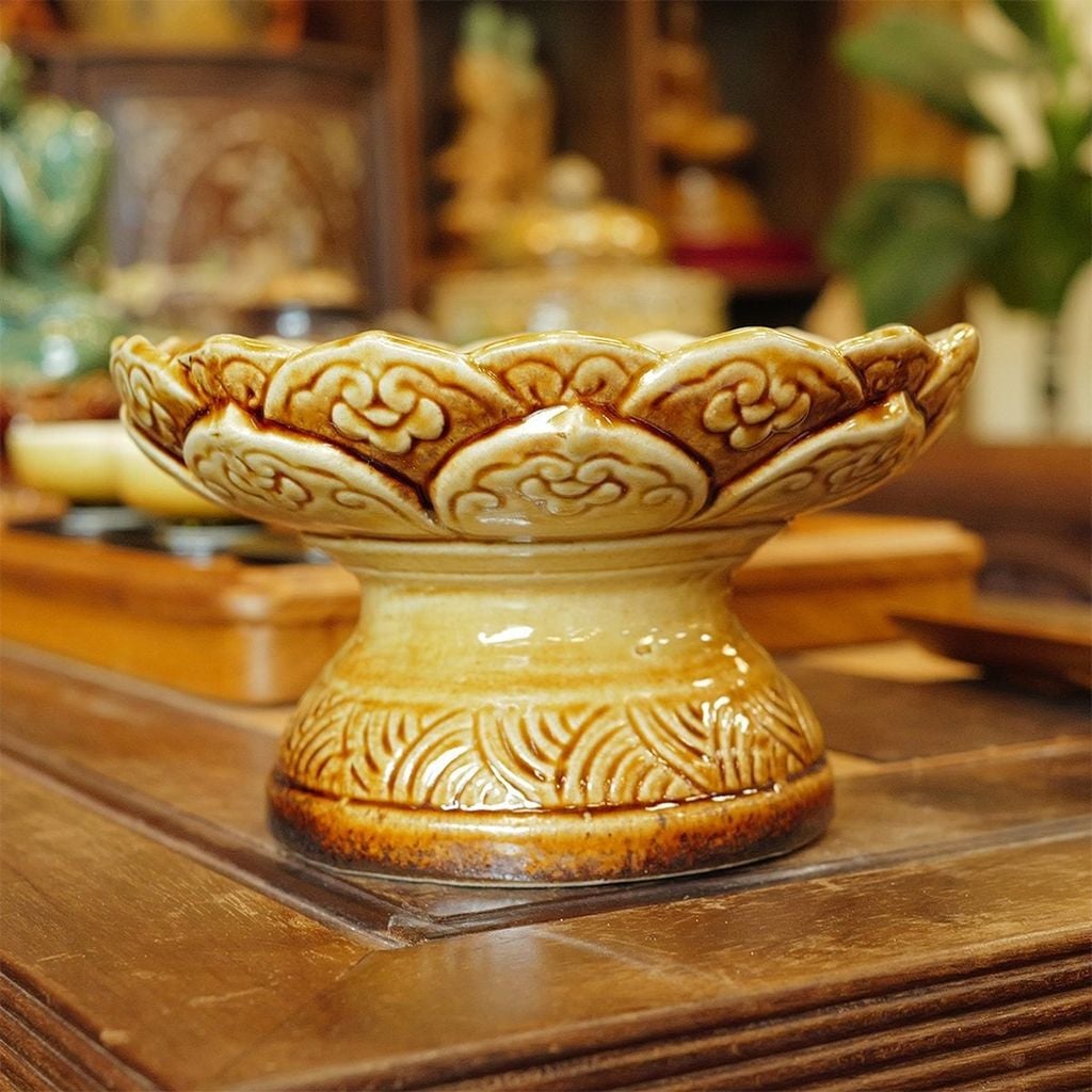  Mâm bồng gốm Bát Tràng – đĩa đựng hoa quả chân cao khắc nổi, An Thổ Túc 