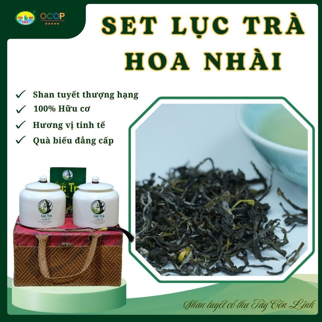 Set Quà Lục Trà Ướp Nhài – Hũ Sứ Và Túi Thổ Cẩm 