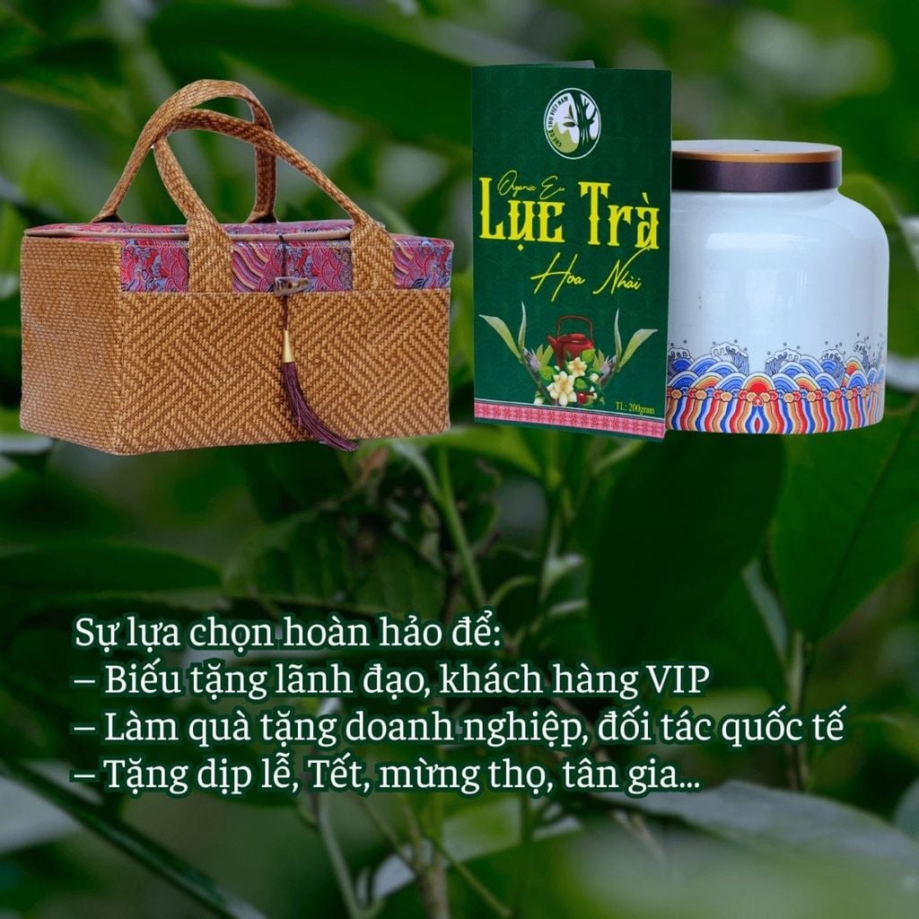  Set Quà Lục Trà Ướp Nhài – Hũ Sứ Và Túi Thổ Cẩm 