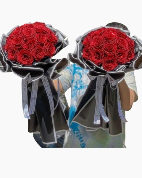 Hoa Hồng: Bó Hoa 15 Hoa Hồng Đỏ Sáp Kim Tuyến - HST30