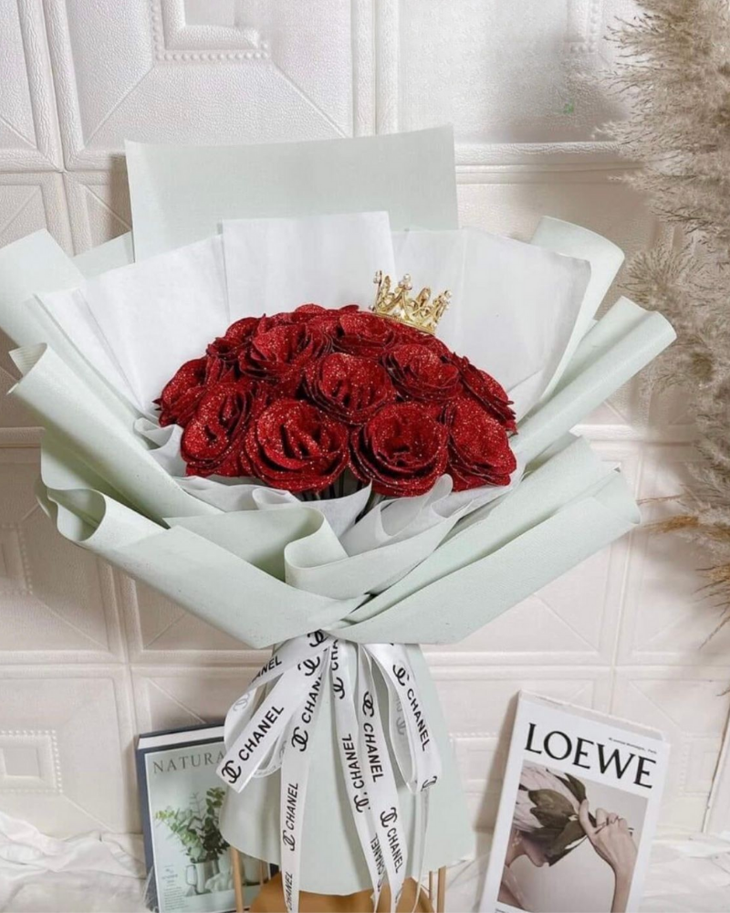  Glitter Roses - HST27 - Bó Hoa Hồng Sáp Đỏ Kim Tuyến 15 Bông 