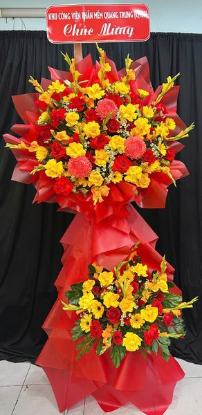 Hoa Chúc Mừng - Mẫu Lẵng Hoa, Kệ Hoa, Bó Hoa Đẹp Nhất: Kệ Hoa Đỏ Vàng - HCM116