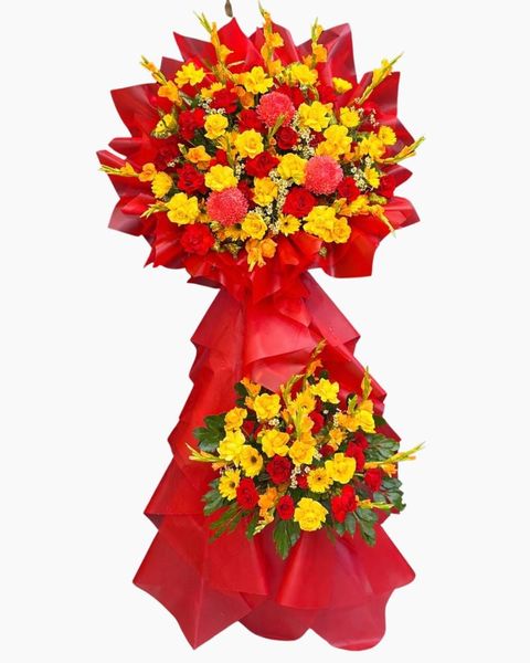Hoa Chúc Mừng - Mẫu Lẵng Hoa, Kệ Hoa, Bó Hoa Đẹp Nhất: Kệ Hoa Đỏ Vàng - HCM116
