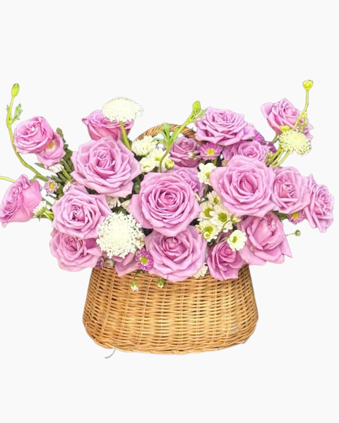 Giỏ Hoa Khai Trương để bàn đẹp: Giỏ Hoa Hồng Tím Yêu - HG96